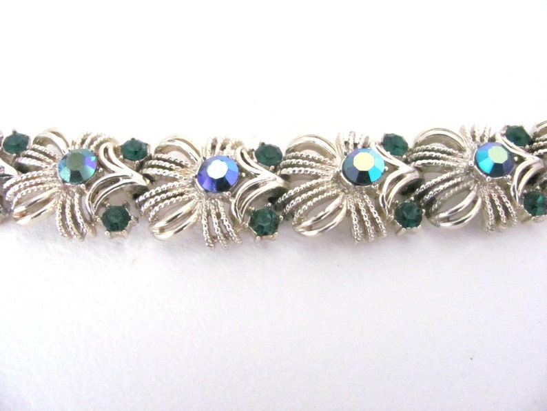 Vintage Green Rhinestone Bracelet, 1960's Coro Gold Bracelet, Emerald Green Bracelet, 1960's Bracelet image 3