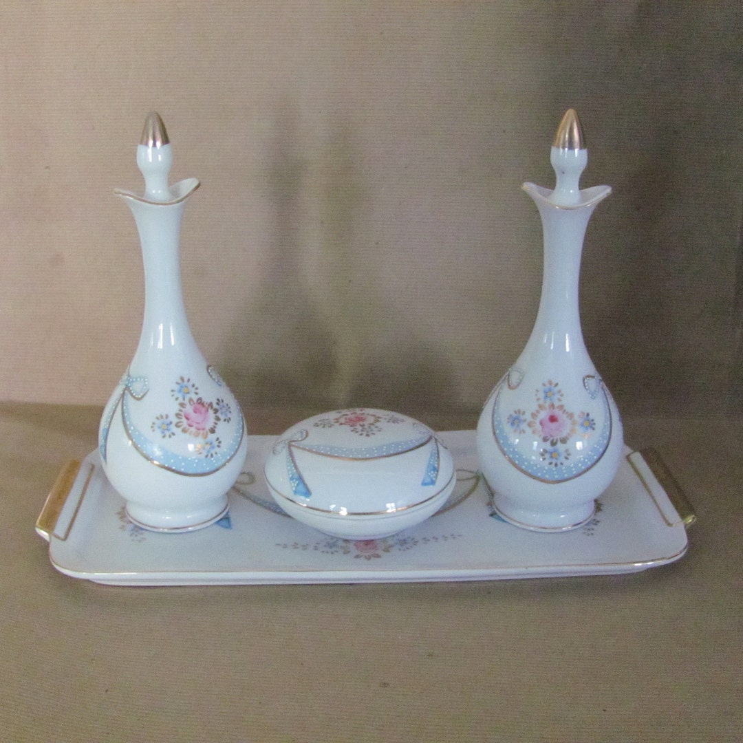 Vintage Porcelain Vanity Set, 1950's Wales Japan Vanity, Dresser Set