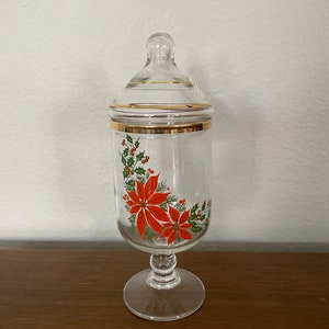 Vintage Christmas Candy Jar, 1970&#39;s Christmas Glass Canister, Candy, Glass Christmas Jar With Lid, 1970&#39;s Christmas Decor, Decoration