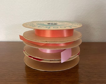 Vintage Satin Ribbon Lot, 1960's Moskatel's, Pacific Coast Ribbon Rolls, Pink, Coral, and Purple Ribbon Spools