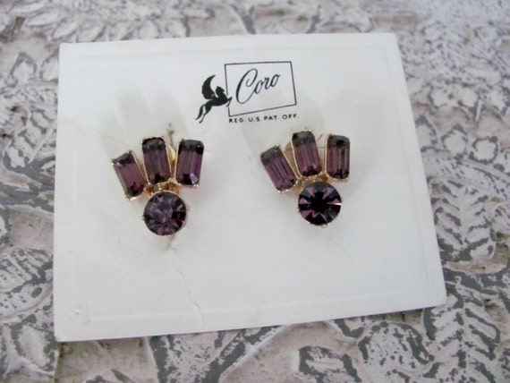 Vintage Purple Earrings, 1960's Coro Purple Rhine… - image 1