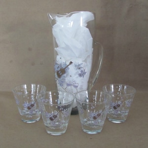 Vintage Cocktail Pitcher and Glass Set, 1950&#39;s Psyche Glass Pitcher, Glasses, Lavender, Gold Design, Vintage Bar, 1950&#39;s, Mid Century Decor