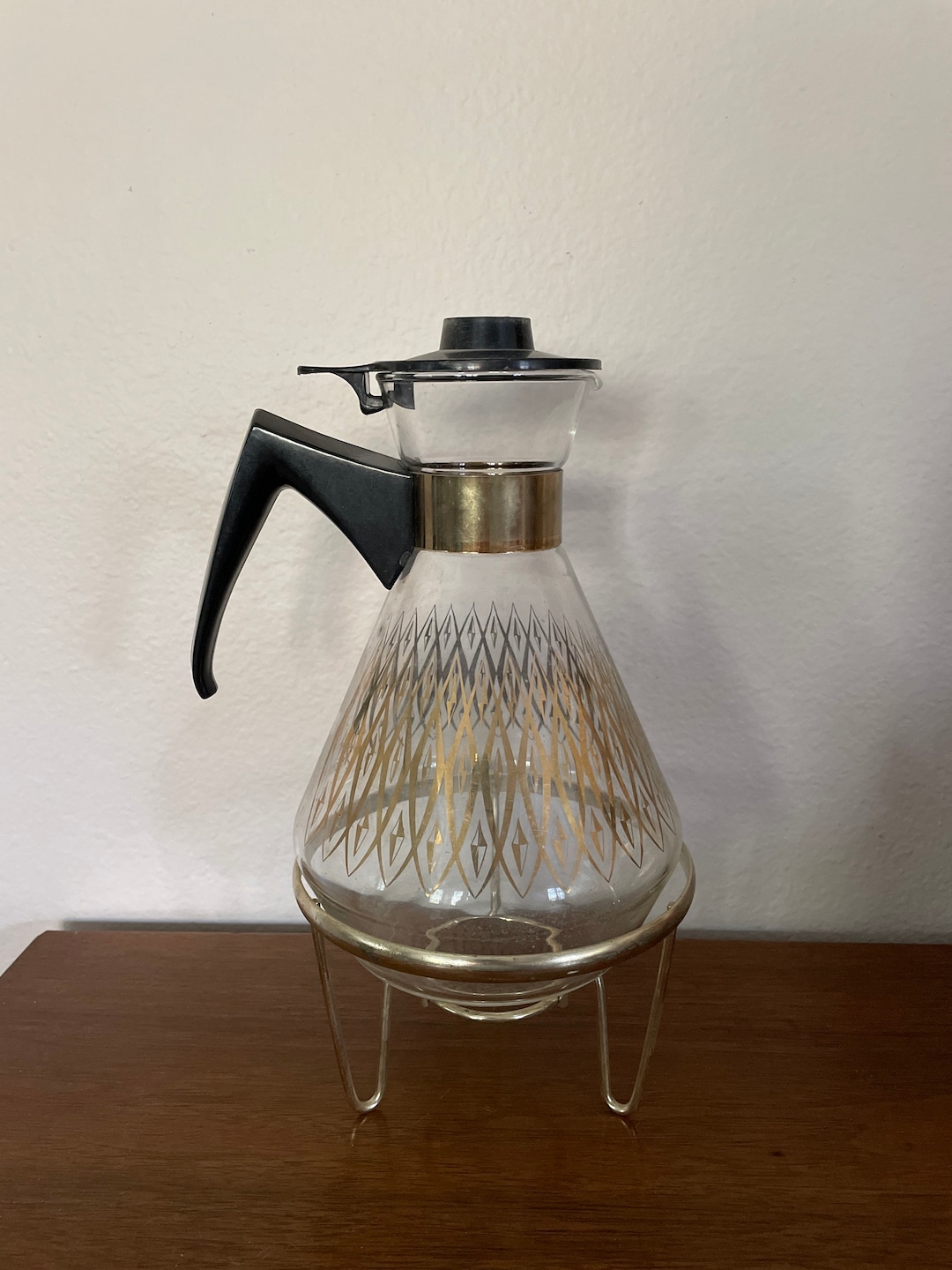 Vintage Glass Coffee Pot, 1960's Pyrex Gold Design Coffee With Gold