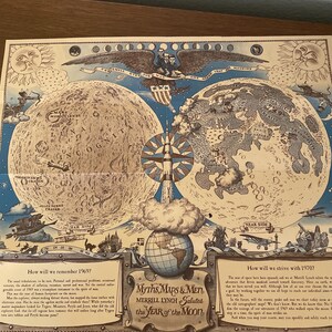 May include: Vintage illustration titled "Myths, Maps & Men" by Merrill Lynch, saluting "The Year of the Moon." The artwork depicts two sides of the moon, a rocket, and a globe, with text about 1969 and 1970. The color palette includes beige, blue, and brown.