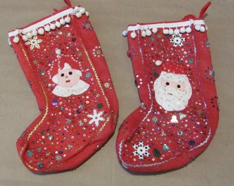 Vintage Christmas Stockings, 1960's Felt Christmas Stockings, Santa, Mrs. Claus Stockings, Vintage Handmade, 1960's Christmas Decor