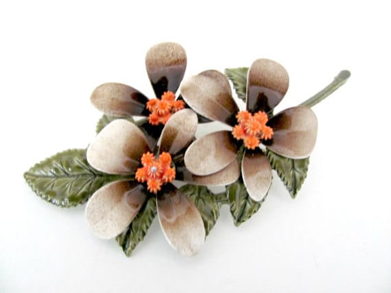 Vintage Enamel Flower Brooch, 1960's Brown, Coral