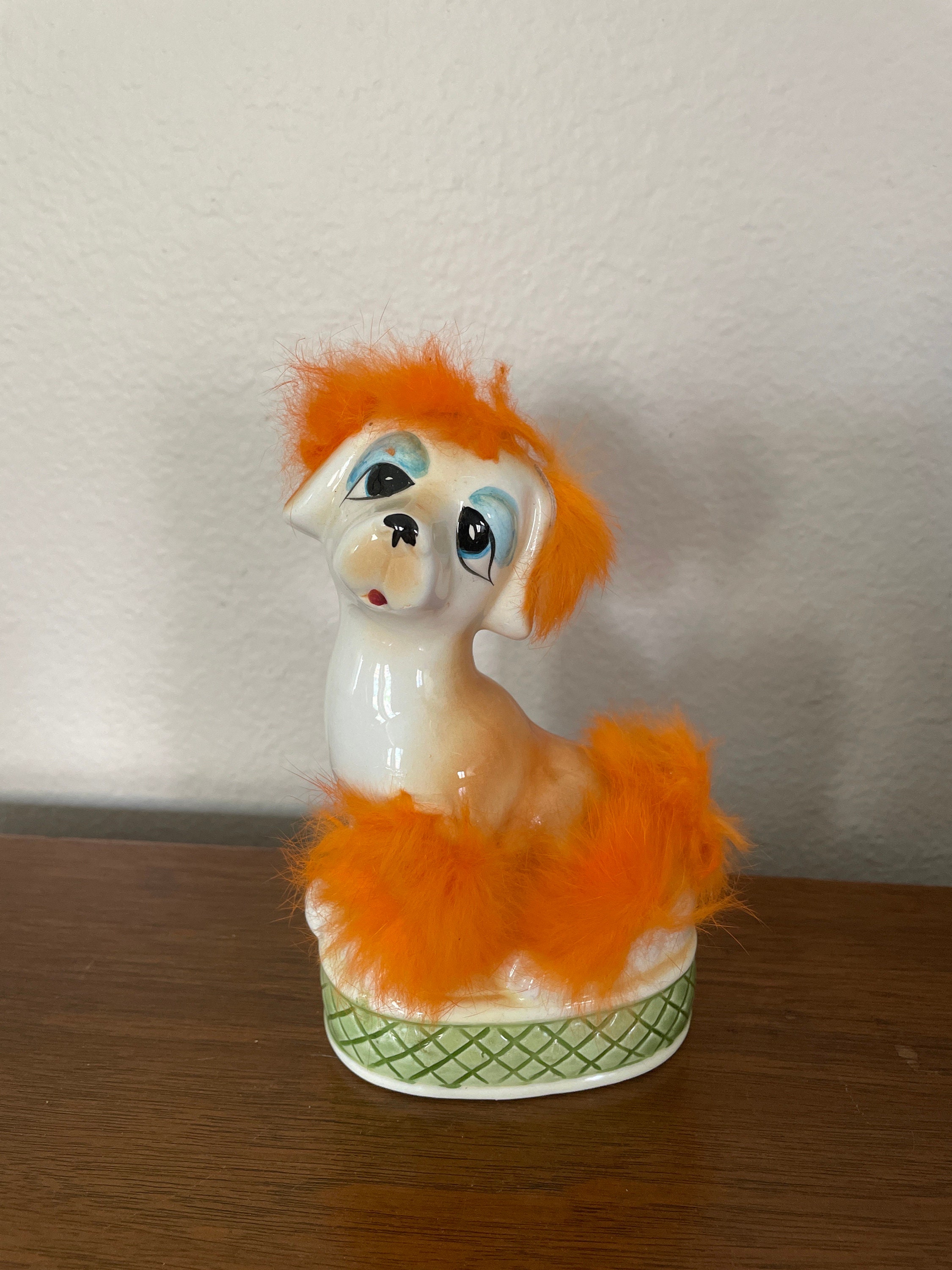 * vintage dog ornament ❀  blue eye ワンちゃん Vintage Ceramic Dog Figurine, 1960's Japan Dog With Orange