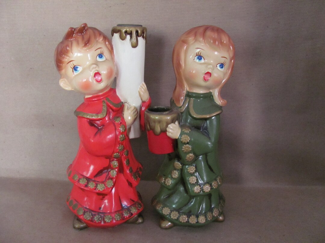 Vintage Christmas Caroler Candle Holders, 1960's KN Paper Mache Caroler