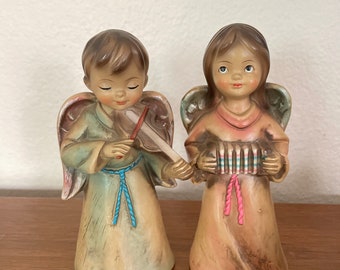 Vintage Christmas Angels, 1960s Musical Angel Figurines, Boy, Girl Angel Figurines, Made In Japan, 1960s Christmas Decor, Mid Century