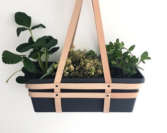 Geometric hanging basket, herb garden, leather geometric hanging planter made from natural vegetable tanned leather with dark grey basket