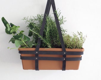 Hanging herb garden, leather geometric hanging basket, balcony box made from black vegetable tanned leather with terracotta plastic basket