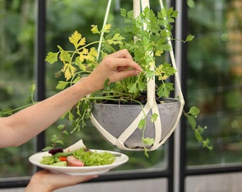 Plant hanger white Piñatex®, plant-based ceiling planter, geometric hanging planter made from pineapple leaf fibres incl. grey plastic pot