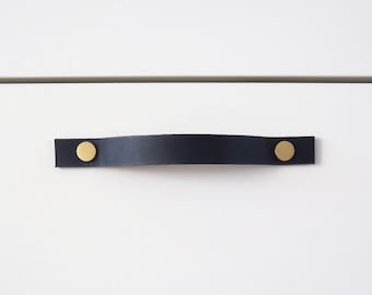 Black leather drawer handle, handmade black leather pull, minimalistic leather loop with dull brass buttons