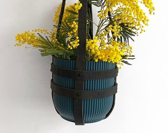 Plant hanger leather, ceiling planter, leather geometric hanging planter, black vegetable tanned leather including blue plastic pot