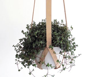 Plant hanger minimalistic, hanging planter leather, geometric ceiling planter, vegetable tanned natural leather including white plastic pot