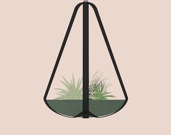 Minimalist plant hanger (large), hanging planter made from vegetable tanned black leather with a green plastic bowl with concrete look