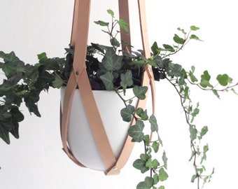 Plant hanger leather, ceiling planter, leather geometric hanging planter, vegetable tanned leather natural including white plastic pot