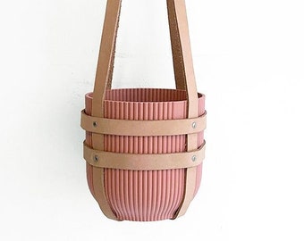 Artisanal plant hanger leather, ceiling planter, geometric hanging planter, natural vegetable tanned leather including pink plastic pot