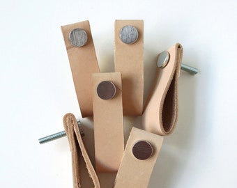 Set of 6 leather pulls, handmade natural leather handles, minimalistic sand leather loops with dull silver button