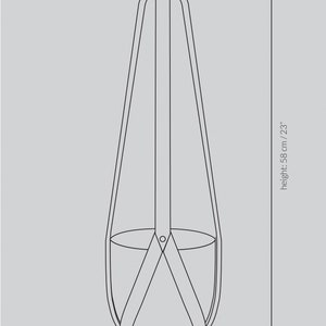 May include: A black metal plant hanger with a round top and a criss-cross design. The hanger is 23 inches tall and 6 inches wide.
