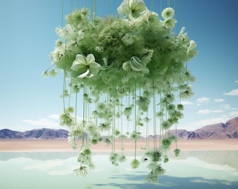 Green Botanical Wall Art: Surreal Desert Landscape Poster, Sage Floating Flowers Print, Dreamcore Florals (Digital Download)