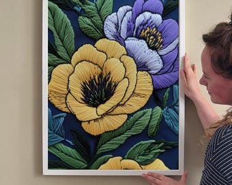 Colorful Textile Flower Wall Art – Faux Embroidery Botanical Print, Fantasy Floral Poster (Digital Download)