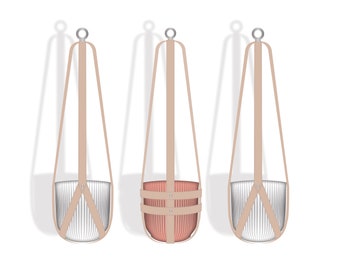 Pack of 3 hanging planters, ceiling planters, geometric plant hangers, natural vegetable tanned leather including white & pink plastic pots