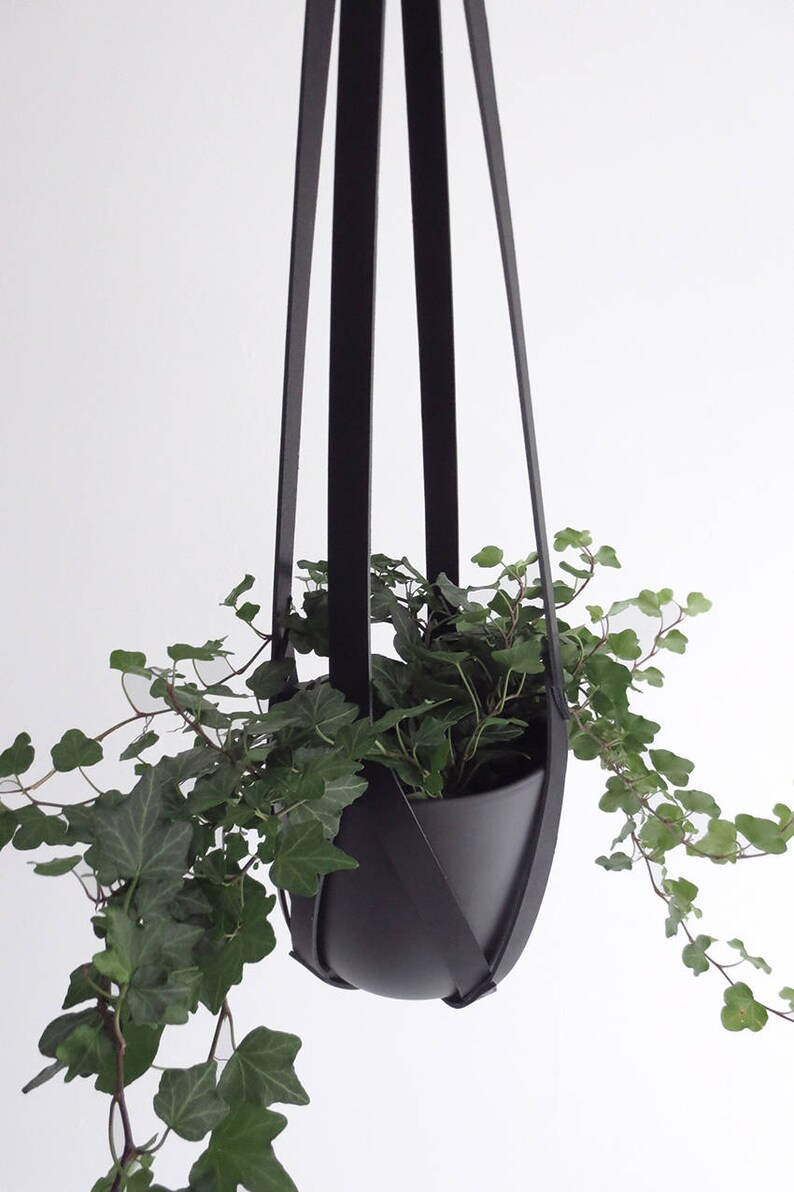 Minimalistic plant hanger black leather ceiling planter Etsy