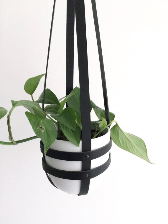 Minimal Leather Plant Hanger Indoor Ceiling Planter Modern Hanging Planter Black Vegetable Tanned Leather Including White Plastic Pot