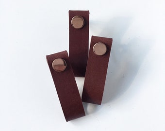 Set of 3 leather handles, handmade natural leather pulls, simple cognac leather loops with copper button