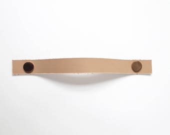 Natural leather drawer handle, handmade sand leather pull, minimalistic leather loop with copper buttons