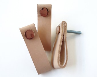 Set of 3 leather handles, handmade natural leather pulls, simple leather loops with copper button