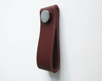 Brown leather pull, handmade cognac leather handle, minimalistic leather loop with dull silver button