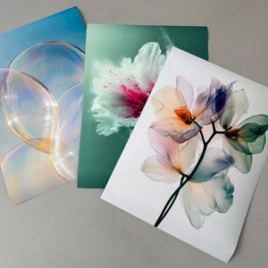 May include: Three art prints featuring floral and abstract designs. One print shows large soap bubbles against a blue sky. Another displays a white and pink flower on a green background. The third print has a delicate, translucent flower.