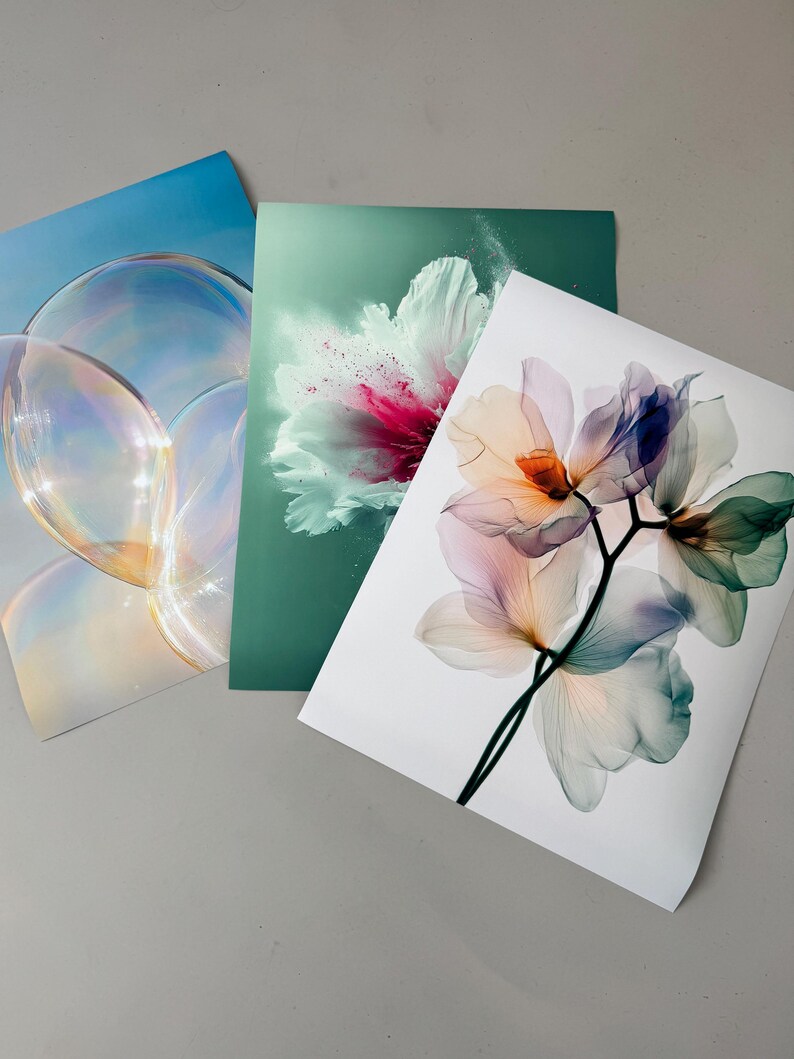 May include: Three art prints featuring floral and abstract designs. One print shows large soap bubbles against a blue sky. Another displays a white and pink flower on a green background. The third print has a delicate, translucent flower.