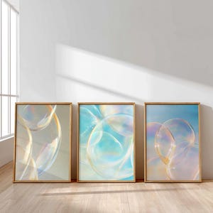 Gradient Iridescent Wall Art Set of 3 – Rainbow Bubble Digital Prints, Pastel Holographic Home Decor Bundle