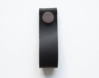 Black leather handle, black leather pull, handmade leather loop with dull silver button