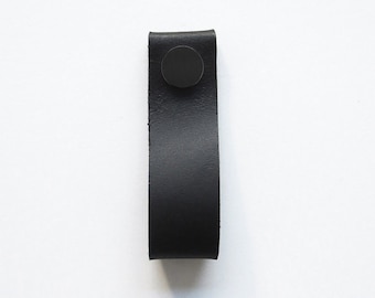 Black leather handle, black leather pull, handmade leather loop with dull black metal button
