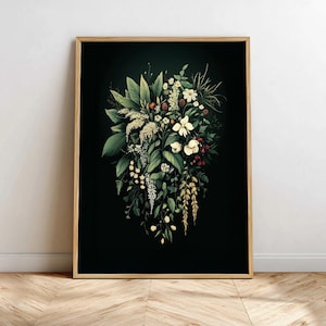 Dark Botanical Print – Moody Floral Illustration Wall Art, Dark Academia Green Foliage Bedroom Decor (Digital Download)