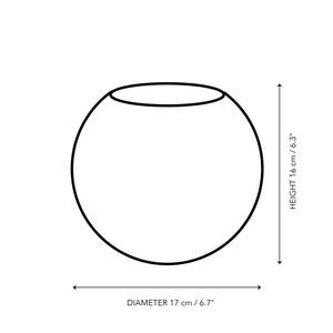 May include: A black and white line drawing of a round bowl with a diameter of 6.7 inches and a height of 6.3 inches. The text "BOWL DIMENSIONS" is at the top of the image. The text "DIAMETER 17 cm / 6.7" is below the bowl and the text "HEIGHT 16 cm / 6.3" is to the right of the bowl.