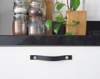 Minimalistic black leather loop, handmade black leather drawer handle, leather drawer pull with dull silver buttons