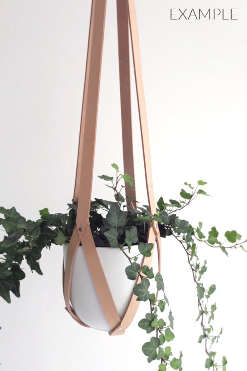 Modern Hanging Plant Holder in Natural Leather, Ceiling Planter, Minimalist Plant Hanger