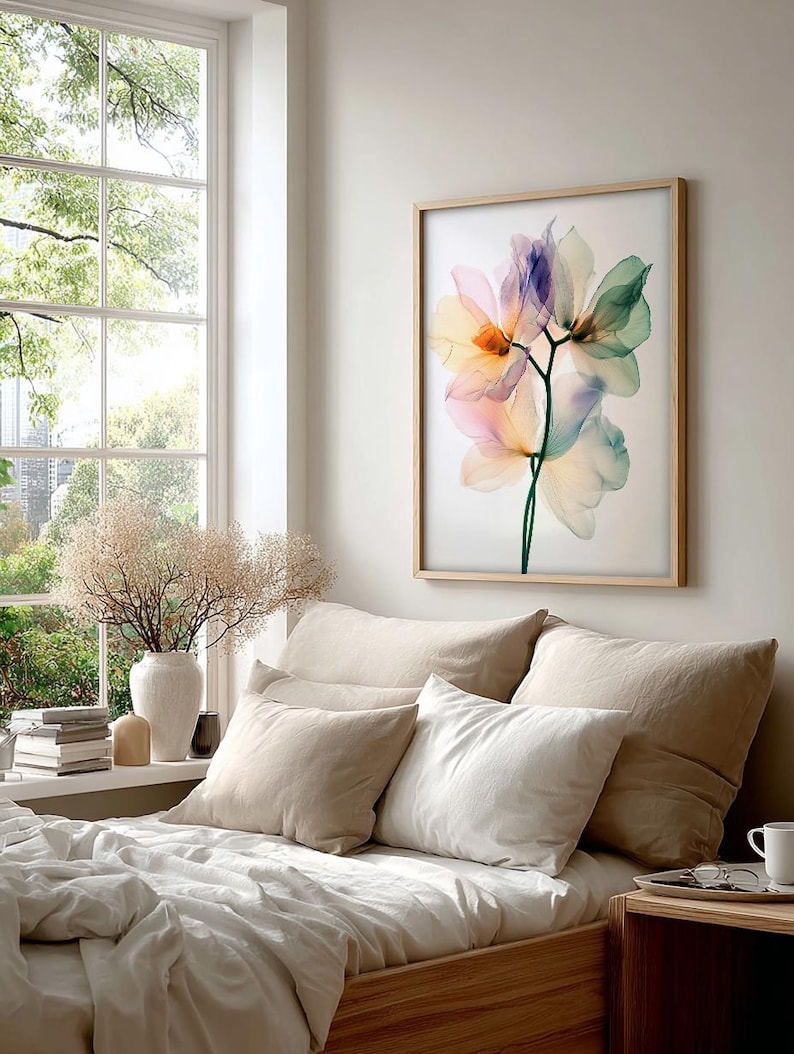May include: A framed floral art print featuring translucent flowers in shades of pink, yellow, purple, and green. The artwork hangs above a bed with beige pillows and white bedding. A window with a view of greenery is visible.