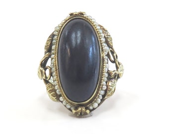 RESERVED - Antique 1920s Art Nouvea Oval Lapis & Seed Pearl Filigree Ring / 14k
