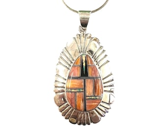 Vintage Zuni Benny Martinez Agate, Onyx, and Opal Inlay Pendant in Sterling Silver - Signed BM