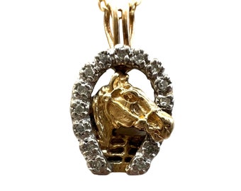 1970s Vintage Diamond Horseshoe with Horsehead Pendant in 14 karat yellow gold