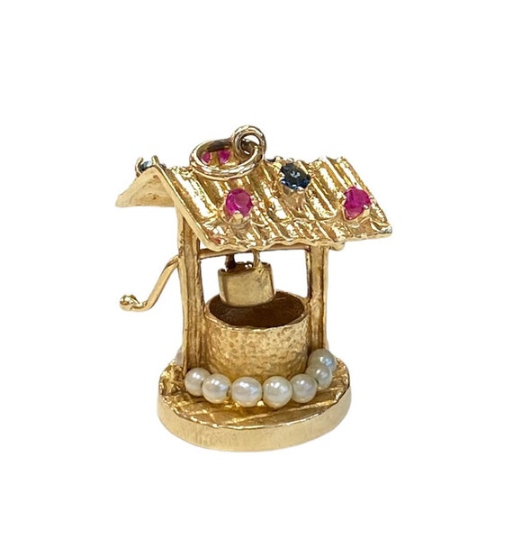 1950s Vintage Wishing Well Charm with Pearls, Rub… - image 3