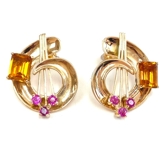 Vintage 1940s Citrine and Ruby Earrings / 14 karat