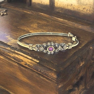 1940 Vintage 18K Yellow Gold Ruby & Diamond Bangle Bracelet | Genuine 0.30 ct Ruby, 16 Natural Diamond Accents | Fine Estate Jewelry
