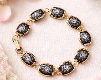 Vintage Art Deco 9 Flower Enamel Panels Bracelet - size 7 1/2